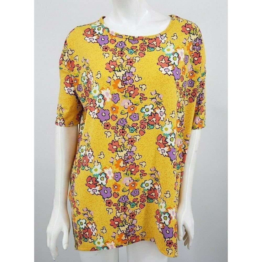 LuLaRoe Irma Tunic Top XS Yellow Floral Disney Mickey Mouse Heads